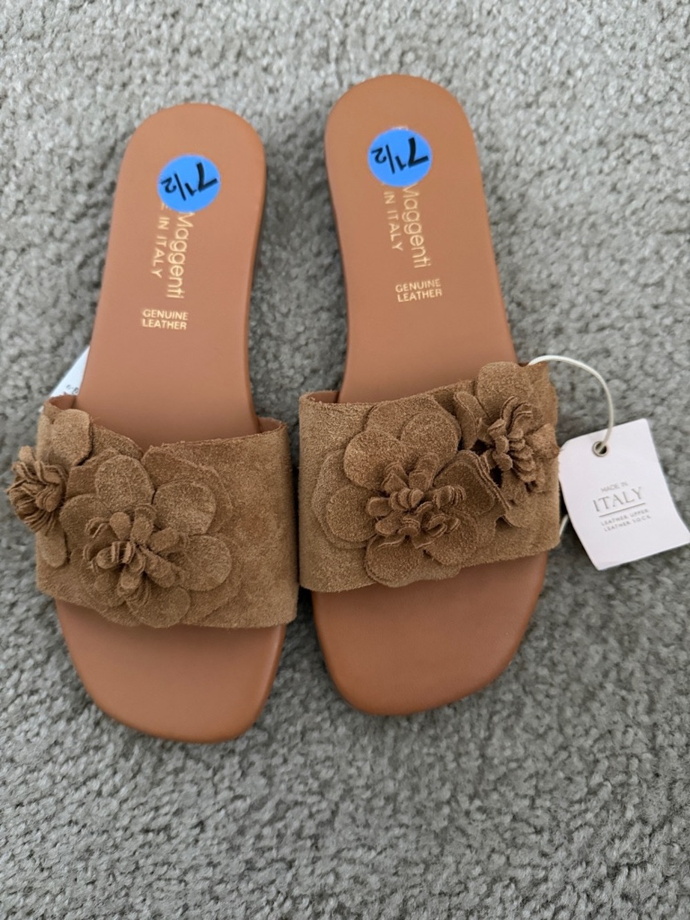 Genuine Leather Suede Floral Slide Sandals - Tan